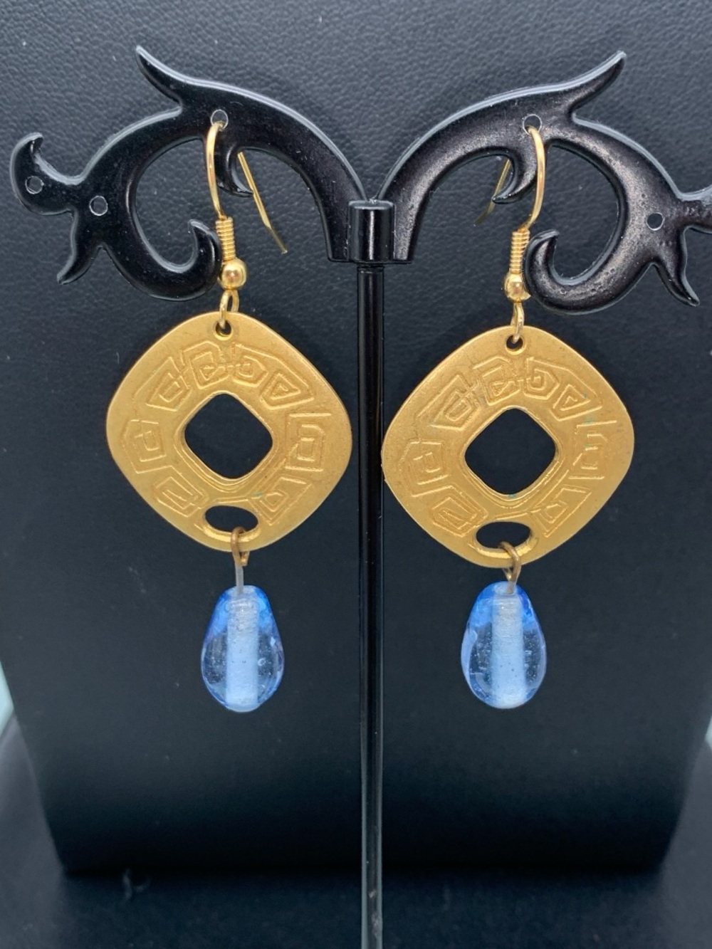 Matte Gold-Tone Geometric Drop Earrings with Blue Glass Beads